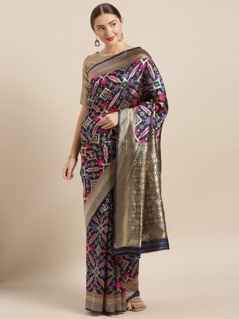 

Mitera Navy Blue & Pink Silk Blend Woven Design Kanjeevaram Saree
