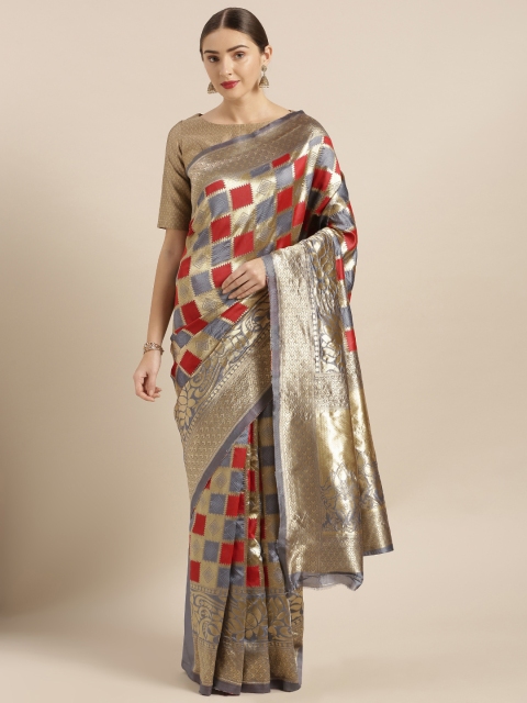 

Mitera Grey & Red Silk Blend Woven Design Kanjeevaram Saree