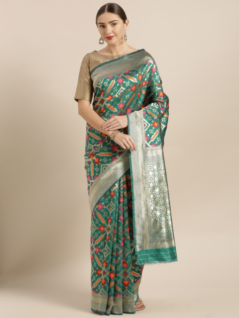 

Mitera Green & Mustard Yellow Silk Blend Woven Design Kanjeevaram Saree