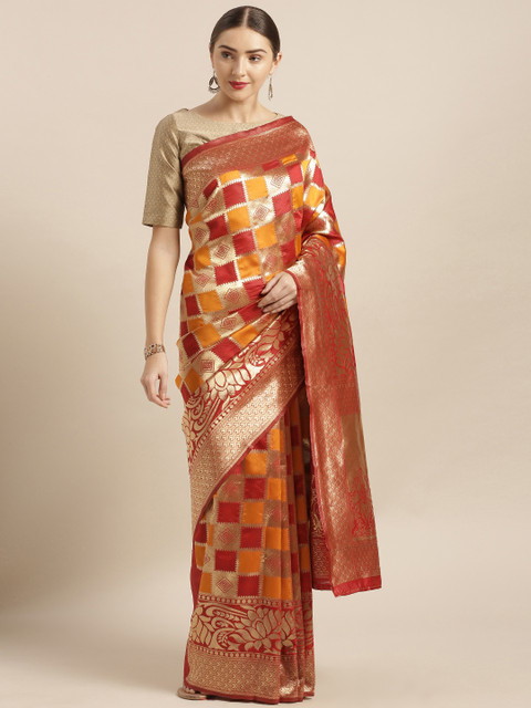 

Mitera Red & Mustard Yellow Silk Blend Woven Design Kanjeevaram Saree