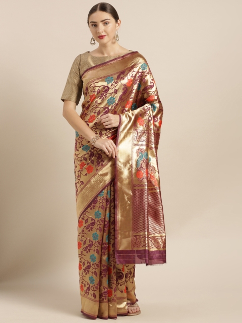 

Mitera Purple & Gold-Toned Silk Blend Woven Design Kanjeevaram Saree