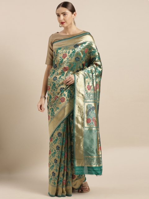 

Mitera Green & Gold-Toned Silk Blend Woven Design Kanjeevaram Saree