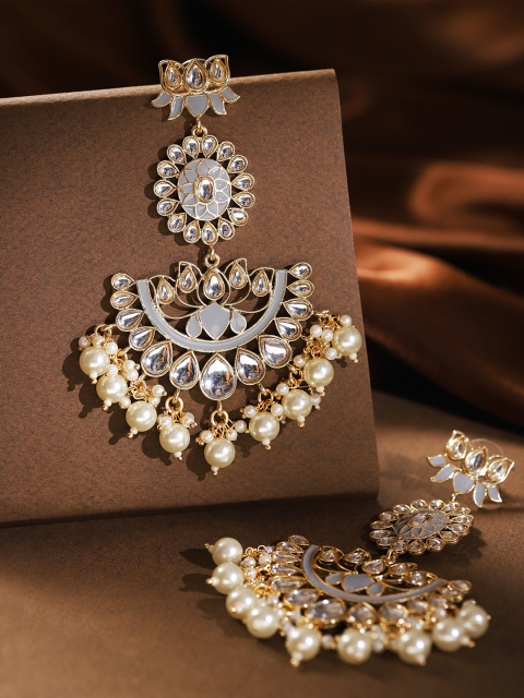 

Zobby Grey Gold-Plated Kundan & Beaded Meenakari Handcrafted Crescent Shaped Chandbalis