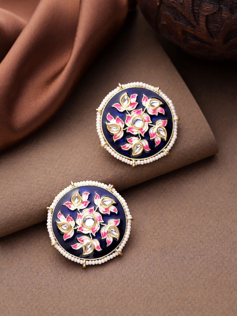 

Zobby Navy Blue & Pink Gold Plated Kundan & Beaded Handcrafted Oversized Circular Studs