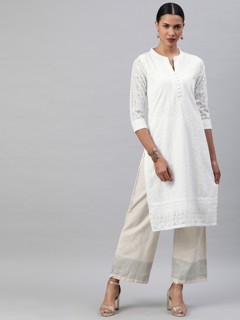 

Soch Women White Embroidered Straight Kurta