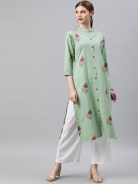 

Soch Women Sea Green & Off-White Printed Straight Kurta
