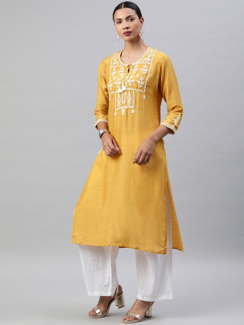 

Soch Women Mustard Yellow Embroidered Straight Kurta