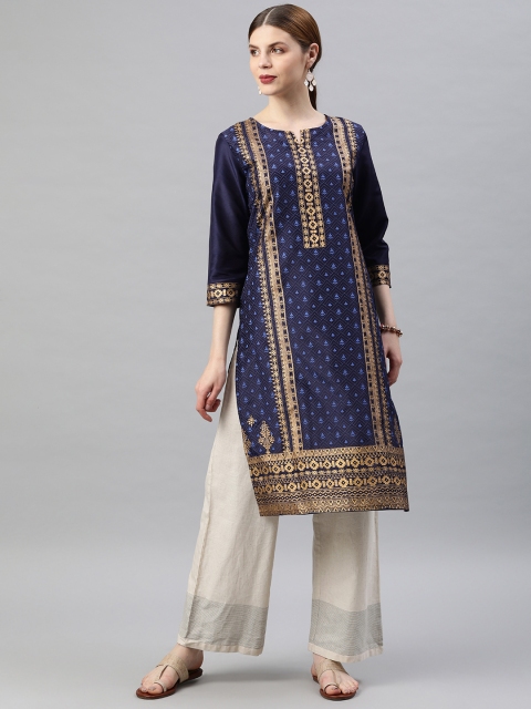 

Soch Women Navy Blue Printed Straight Kurta