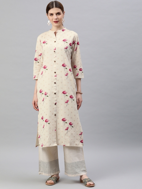 

Soch Women Off-White & Pink Printed Straight Kurta