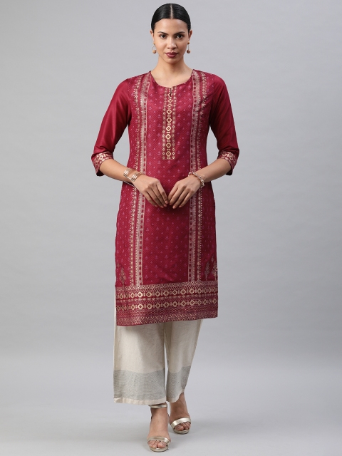 

Soch Women Maroon & Gold-Toned Printed Straight Kurta