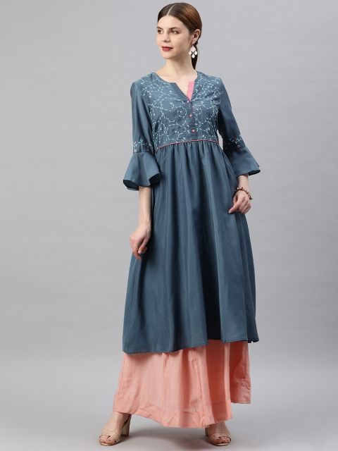 

Soch Women Blue Embroidered Chanderi Cotton A-Line Kurta