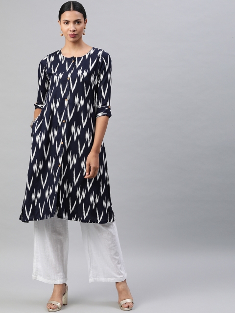 

Soch Women Blue & White Printed A-Line Kurta