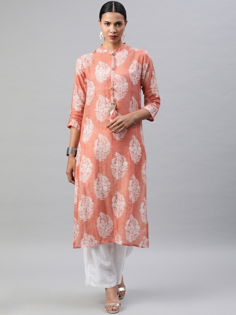 

Soch Women Peach-Coloured & White Printed Straight Kurta