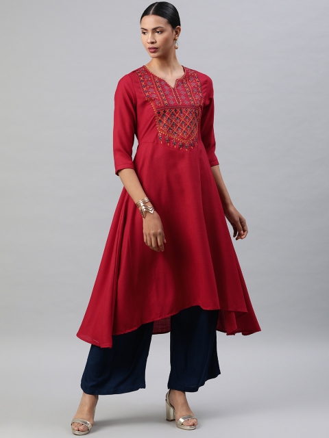 

Soch Women Maroon Embroidered Asymmetric A-Line Kurta