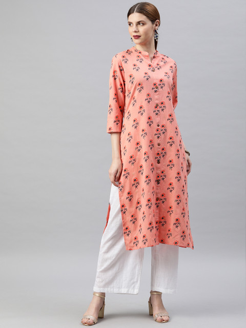

Soch Women Peach-Coloured & Grey Printed Straight Kurta