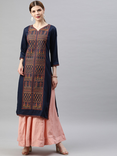 

Soch Women Navy Blue & Orange Embroidered Straight Kurta