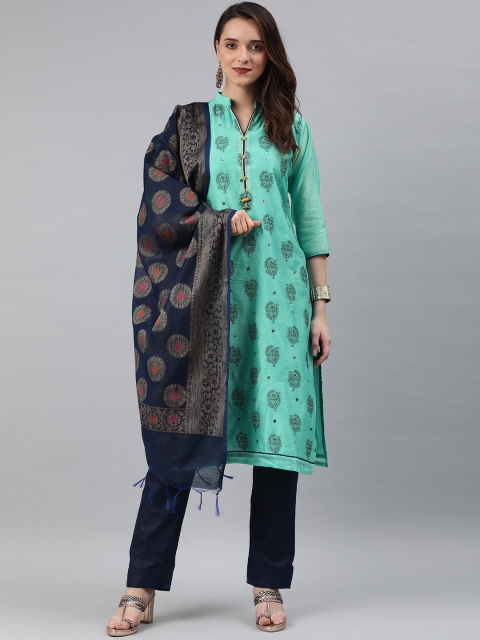 

Soch Green & Navy Blue Art Silk Unstitched Dress Material