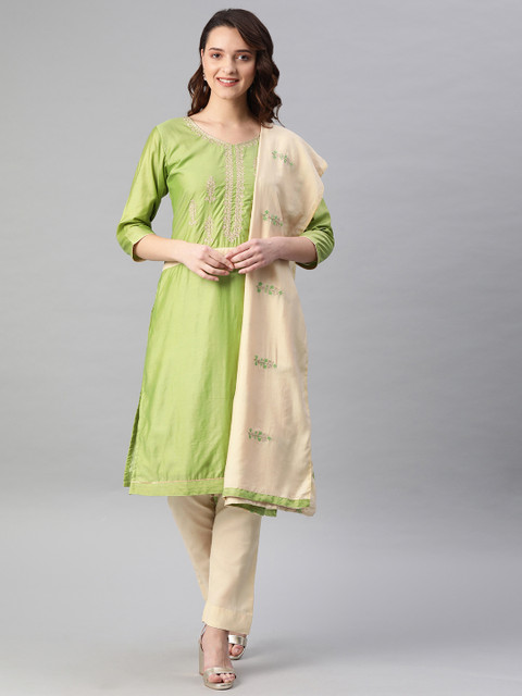 

Soch Green & Cream-Coloured Pure Cotton Unstitched Dress Material