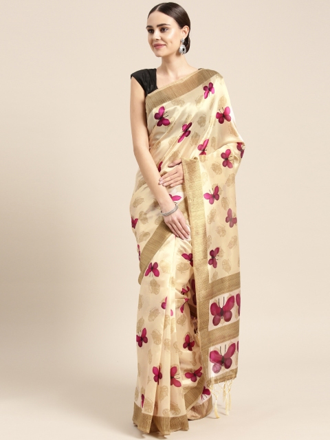 

Saree mall Cream-Coloured & Magenta Printed Bhagalpuri Saree