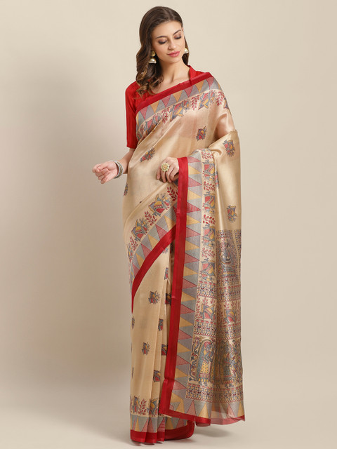 

Saree mall Beige & Red Printed Bhagalpuri Saree