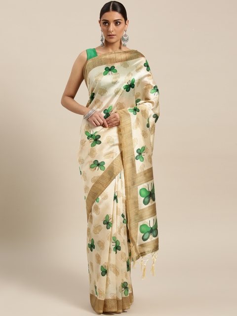 

Saree mall Beige & Green Printed Bhagalpuri Saree