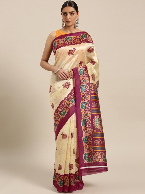 

Saree mall Cream-Coloured & Magenta Printed Bhagalpuri Saree