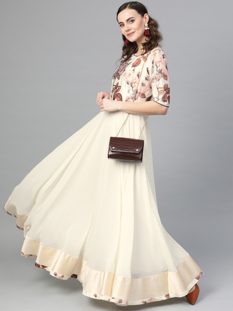 

Inddus Women Off-White & Peach-Coloured Floral Print Maxi Dress