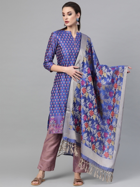 

Inddus Navy Blue & Pink Woven Design Unstitched Dress Material