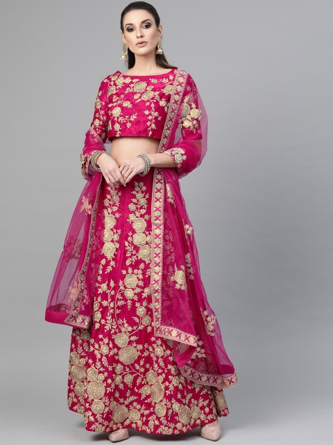 

Inddus Magenta & Golden Embroidered Semi-Stitched Lehenga & Unstitched Blouse with Dupatta