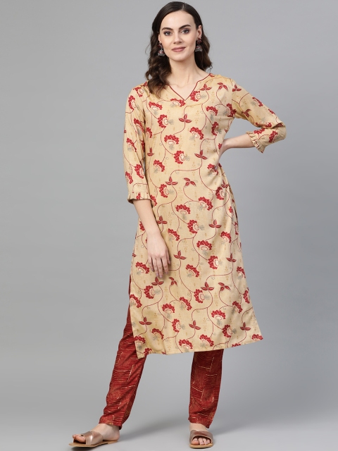 

Inddus Women Beige & Maroon Printed Kurta with Trousers