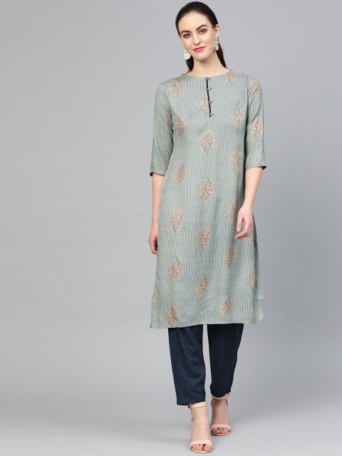 

Inddus Women Grey & Navy Foil Print Kurta with Trousers