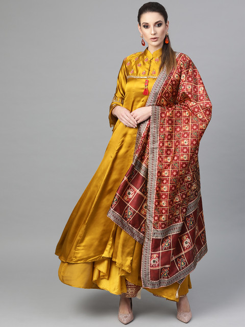 

Inddus Women Mustard Yellow & Maroon Yoke Design Kurta with Palazzos & Dupatta