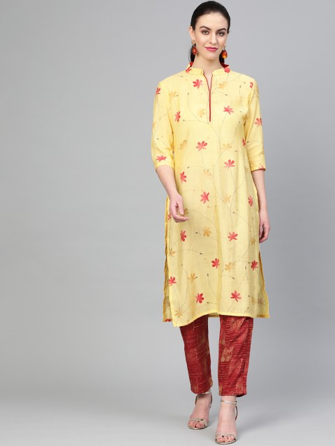 

Inddus Women Yellow & Maroon Printed Kurta with Trousers