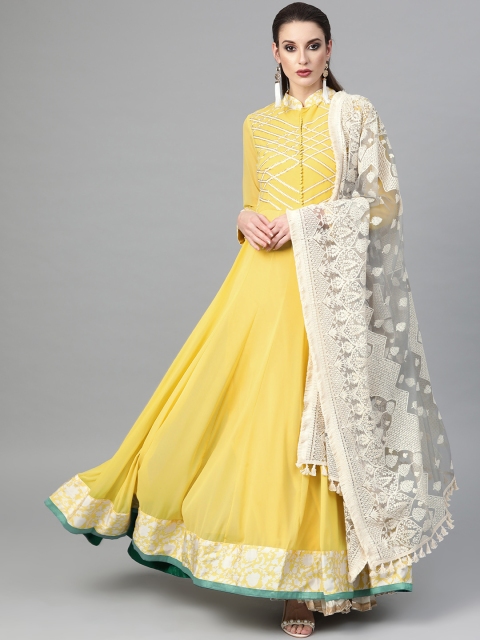 

Inddus Women Yellow & White Embroidered Detail Anarkali Kurta With Dupatta