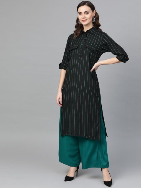 

Inddus Women Black & Green Striped Pathani Kurta