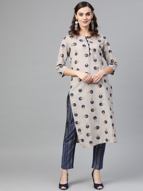 

Inddus Women Grey &Teal Blue Printed Kurta with Trousers