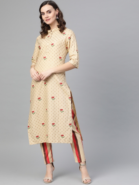 

Inddus Women Beige & Red Printed Kurta with Trousers