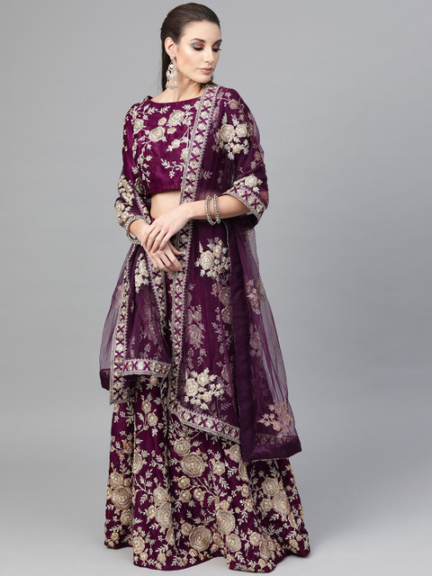 

Inddus Purple & Golden Embroidered Semi-Stitched Lehenga & Unstitched Blouse with Dupatta