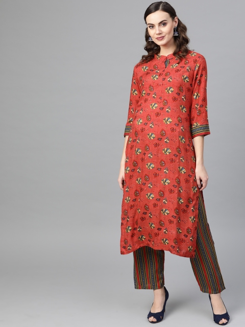 

Inddus Women Red & Navy Blue Printed Kurta with Trousers