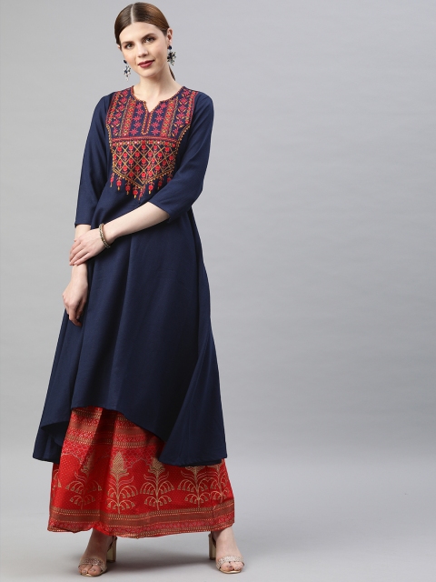 

Soch Women Navy Blue & Pink Yoke Design A-Line Kurta