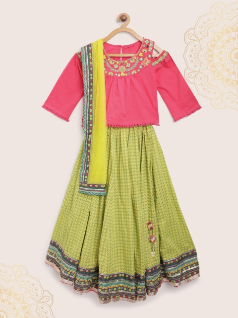 

Biba Girls Green & Pink Printed Ready to Wear Lehenga & Blouse with Dupatta