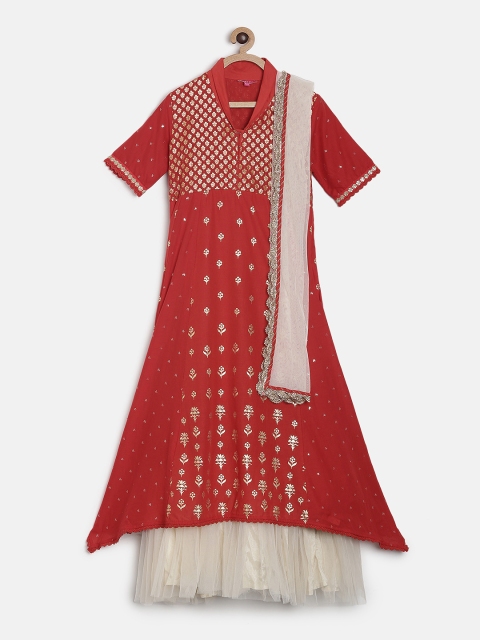 

Biba Girls Red Regular Kurta with Skirt & With Dupatta