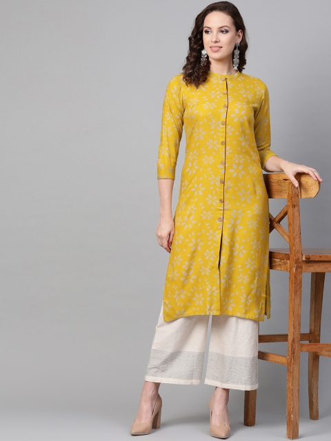 

SOJANYA Women Yellow & Grey Printed Straight Kurta
