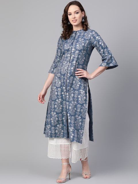 

SOJANYA Women Blue & Silver Foil Print Straight Kurta