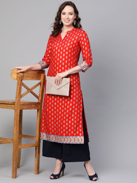 

SOJANYA Women Red & Blue Foil Print Straight Kurta