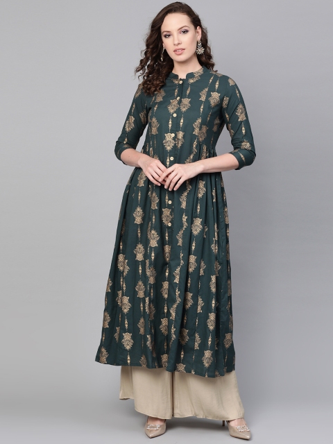 

SOJANYA Women Green & Golden Foil Print A-Line Kurta