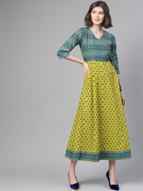 

Nayo Women Green & Blue Printed A-Line Dress