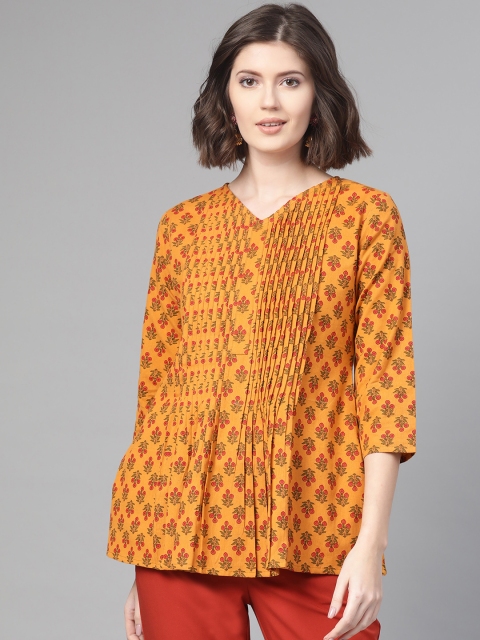 

Nayo Women Mustard Yellow & Red Printed A-Line Pure Cotton Top