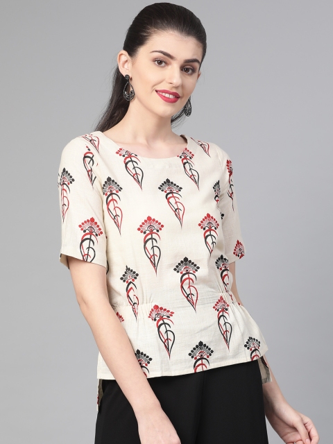 

Nayo Women Beige & Red Printed High-Low Top