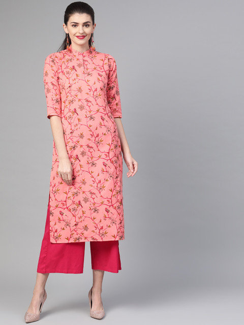 

Nayo Women Pink Floral Print Straight Kurta